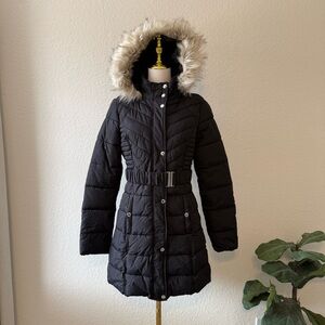Guess Karissa Long Puffer Jacket Hooded Faux Fur Size Medium
